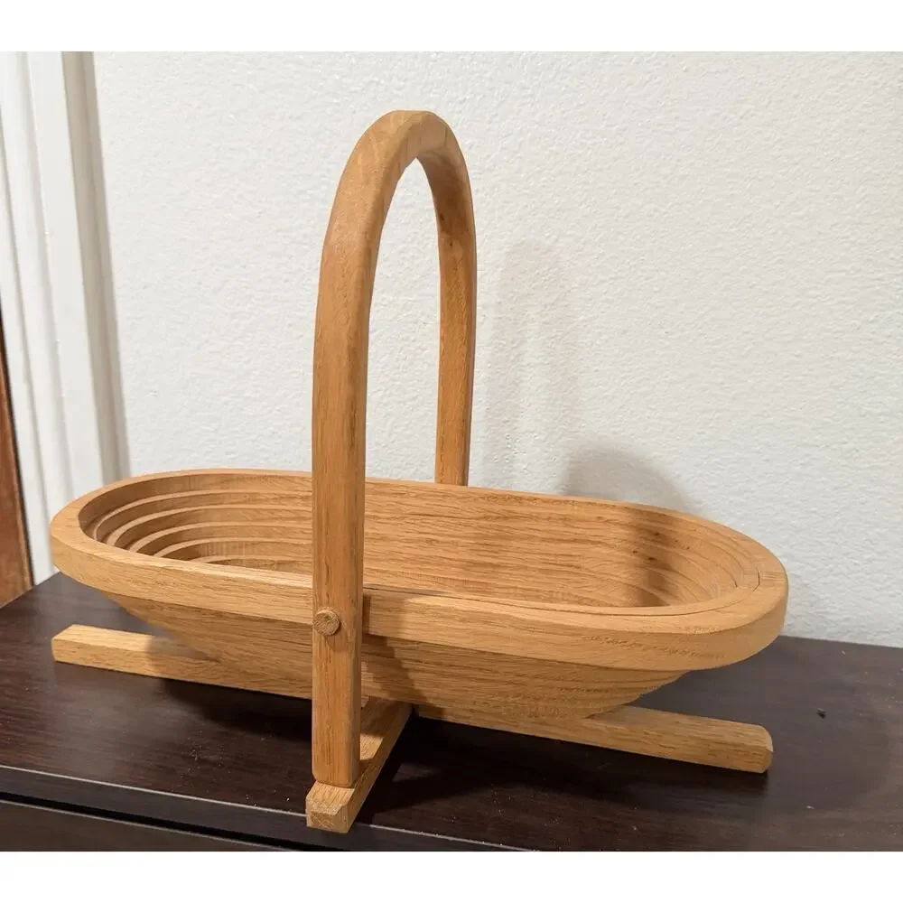 Vintage Wooden Fruit Basket- Folding- to fold flat Signed Huen Oshera